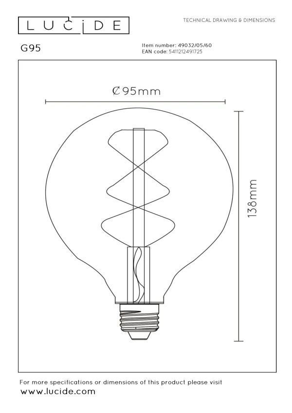 Lucide G95 - Filament lamp - Ø 9,5 cm - LED Dimb. - E27 - 1x4,9W 2700K - Transparant - technisch